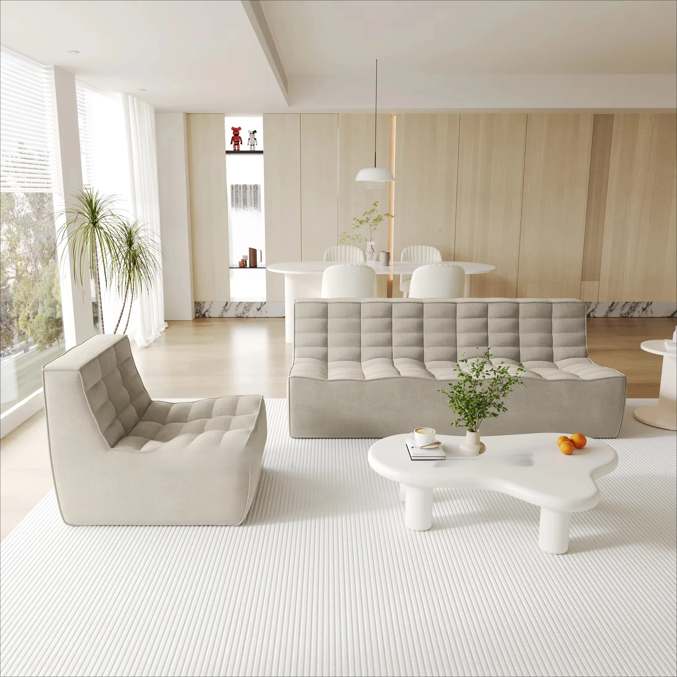 Compression sofa Modern simple sofa Living room 3 seats Chenier linen blend waffle sofa set