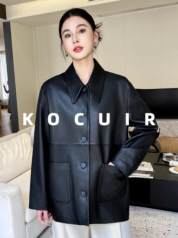 2026年春 レトロ襟付き羊革レザージャケット レディースミディアム丈コート 本革アウター サイズC