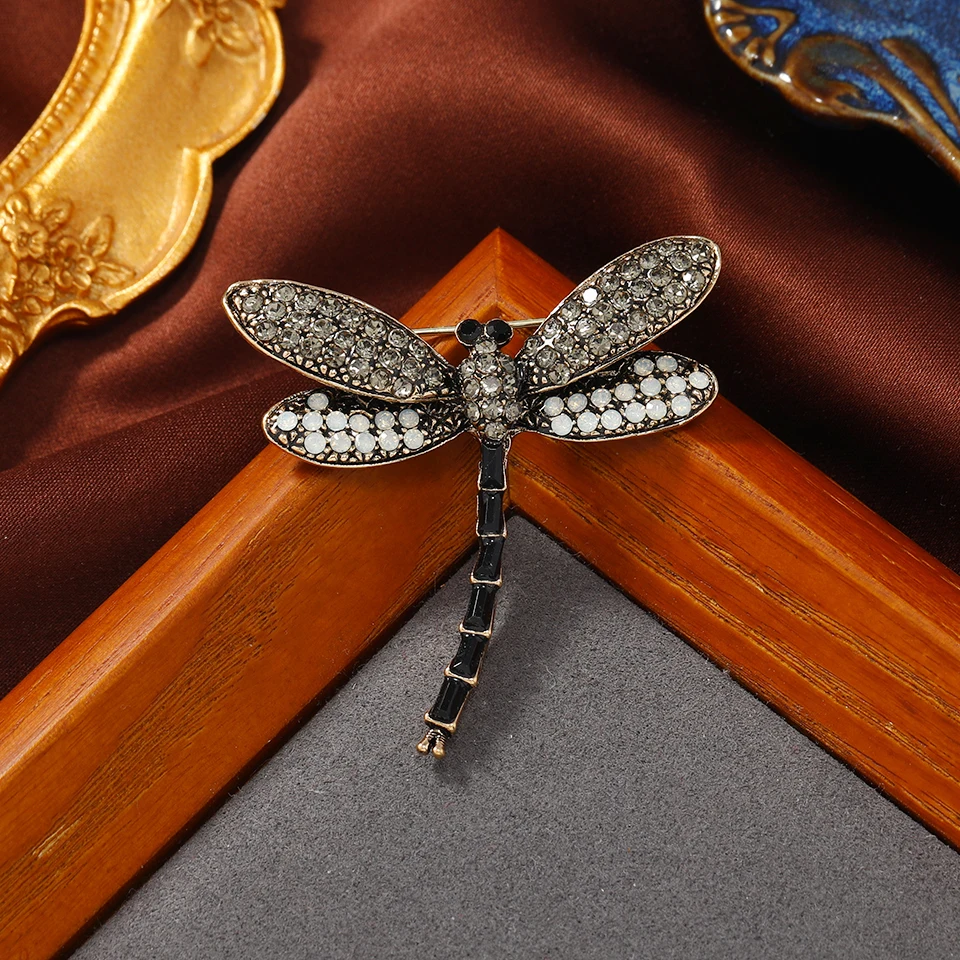 Morkopela Rhinestone Black Color Dragonfly Brooch Insect Brooches for Women Men Vintage Metal Shirt Clothing Pin Scarf Clip