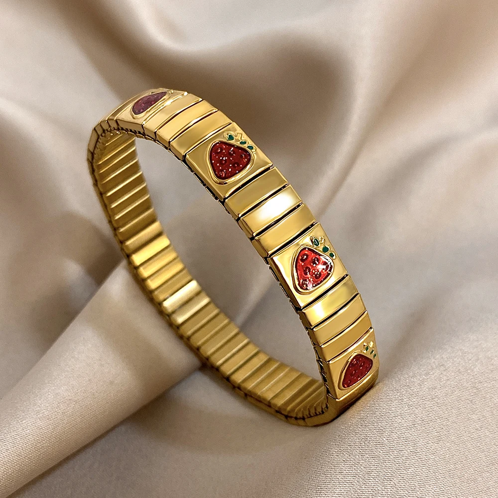 Stainless Steel Elastic Bracelet Bangle for Women Men Red Enamel Strawberry Cherry Bracelet Classic Watch Chain Golden Jewelry
