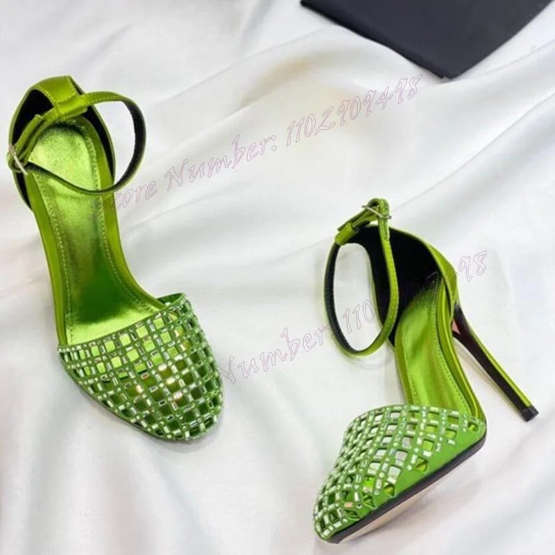 

Green Crystal Decor Round Toe Sandals Ankle Strap Shoes for Women Stilettos High Heels Evening Shoes 2025 Zapatos Para Mujere