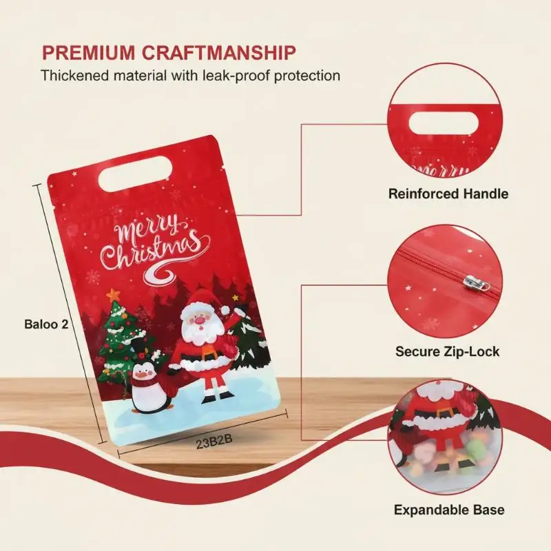 10/25 Pcs Resealable Merry Christmas Sealed Bags Reusable Self Sealing Pouches for Travel Snack Xmas Gift Storage