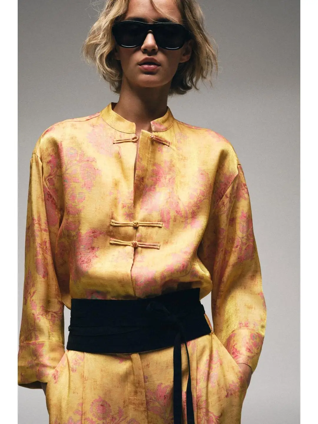Chinese Style Printed Shirt High Waist Wide Leg Pants Rope Knot Decoration Summer Fashion Women's Clothing Traditional Tang Suit