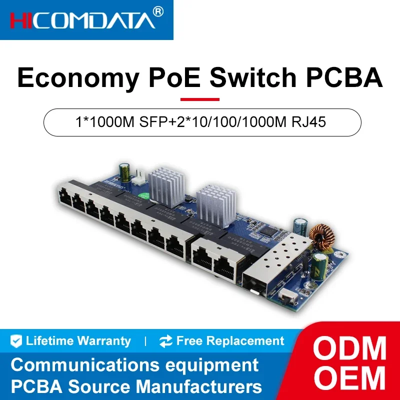 HICOMDATA Poe Switch Gigabit 11 Ports 1 Sfp 2 Rj45 8 POE 48v Standard IEEE802.3af Network POE Switches PCBA Board