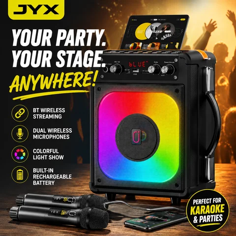 Jyx Portable Bluetooth Speaker, Karaoke Machine, Portable Bluetooth Speaker with 2 Wireless Microphones, Suitable for Adults, Parties, and Gatherings
