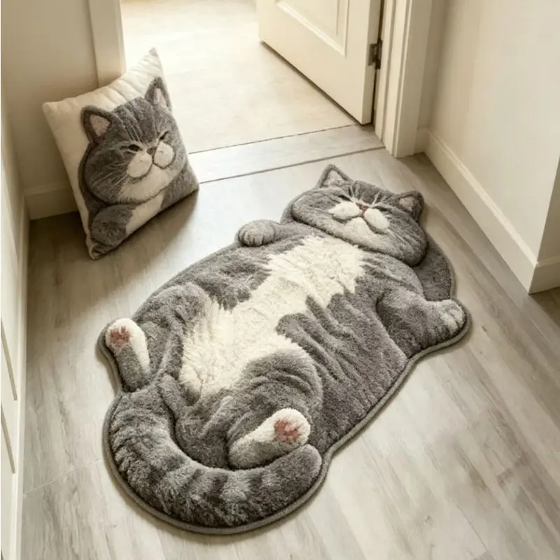 VIKAMA Lazy Chubby Cat Alien Plush Rug, Soft Non-Slip Bedroom Bedside Carpet, Hallway Entrance Mat, Home Decoration