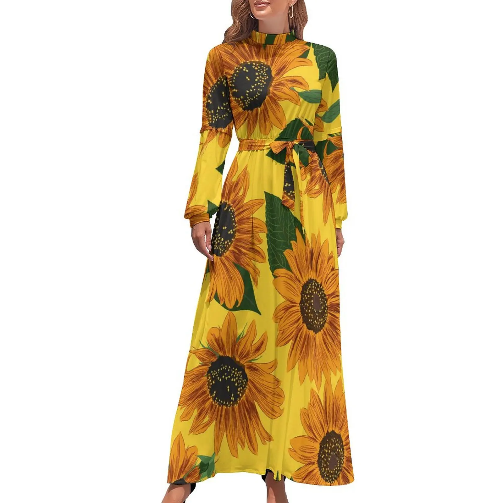 Sonnenblumen muster Kleid Blätter und Blumen Street Style Boho Strand kleider Frauen Langarm hohe Taille sexy lange Maxi kleid