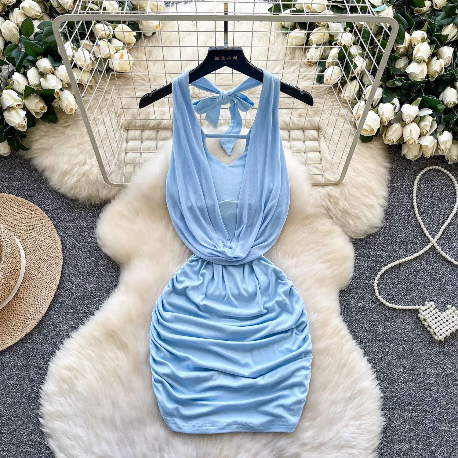 

Women Mesh Dresses Solid Dress Bodycon Pleated Halter Neck Sleeveless Mini Length Cinched Empire Waist Slim Fit Sexy 2026 Summer