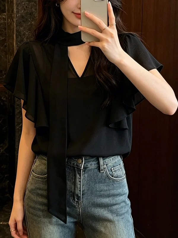 

Fashionable V-Neck Draped Shirt Women's plus Size Summer 2026 Korean Style Short Sleeve Slimming Top Commute Wind Loose Fit