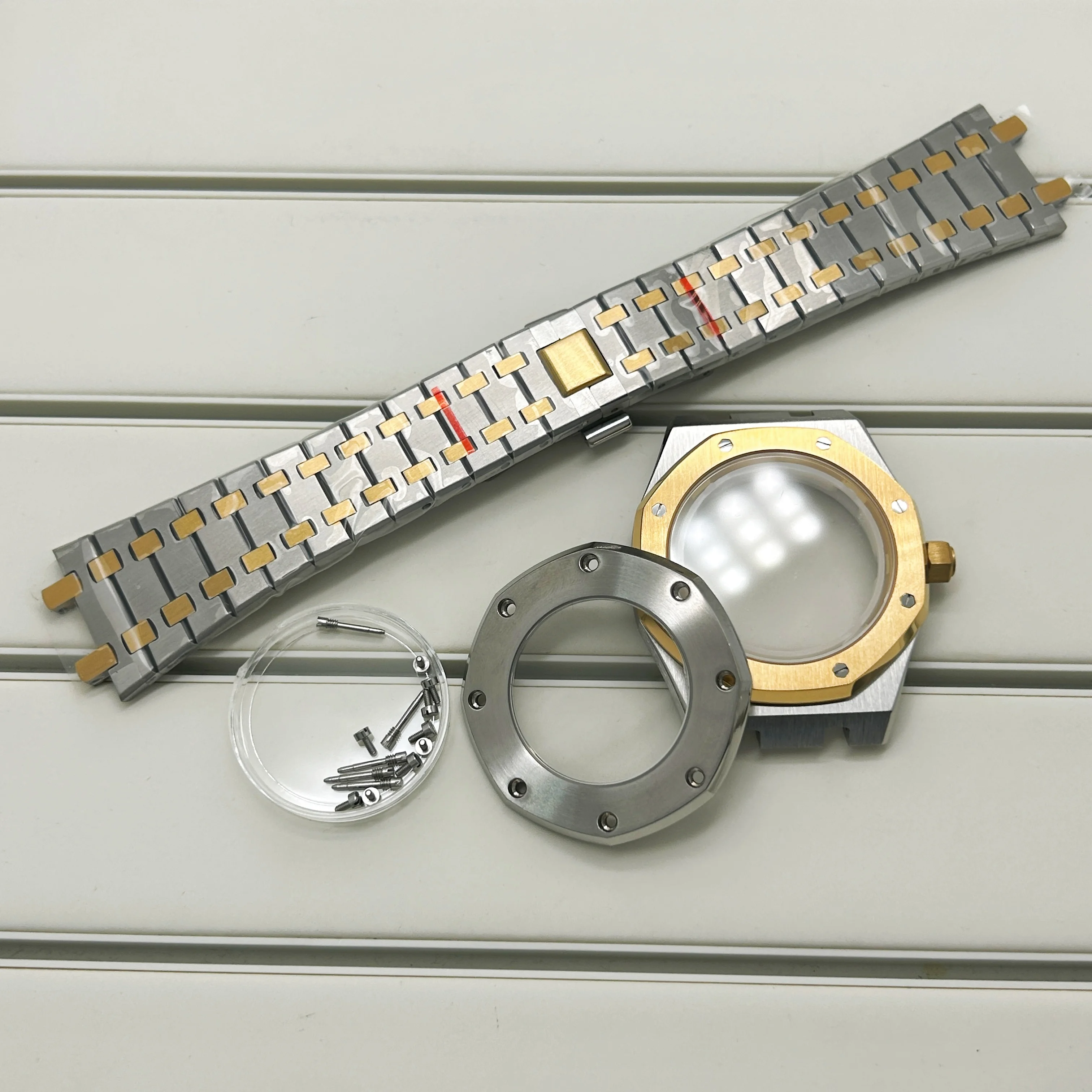 Goldfarbenes 41-mm-Gehäuse, Stahlband, galvanisierte Saphirglas-Schrauben, passend für Royal Oak PRX 31,8-mm-Uhrenzifferblatt für NH35 NH36-Uhrwerkzeiger – Detail 2