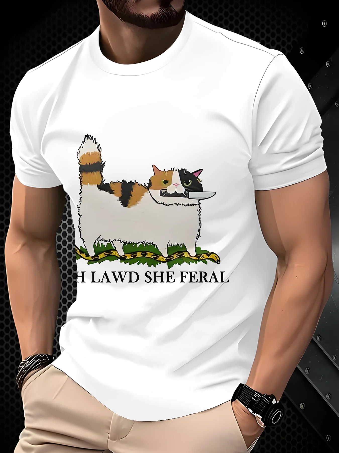 Funny Calico Cat With Knife Graphic Men Casual Short Sleeve T-Shirt Cartoon Animal Print Tee