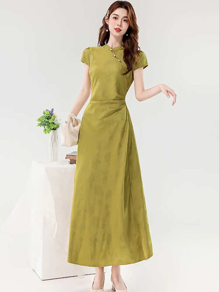 サマーグリーンジャカードサテンスタンドカラーロングドレス レディース 韓国風ラグジュアリーボディコンラッフルプロムドレス 2025 ヴィンテージエレガントドレス