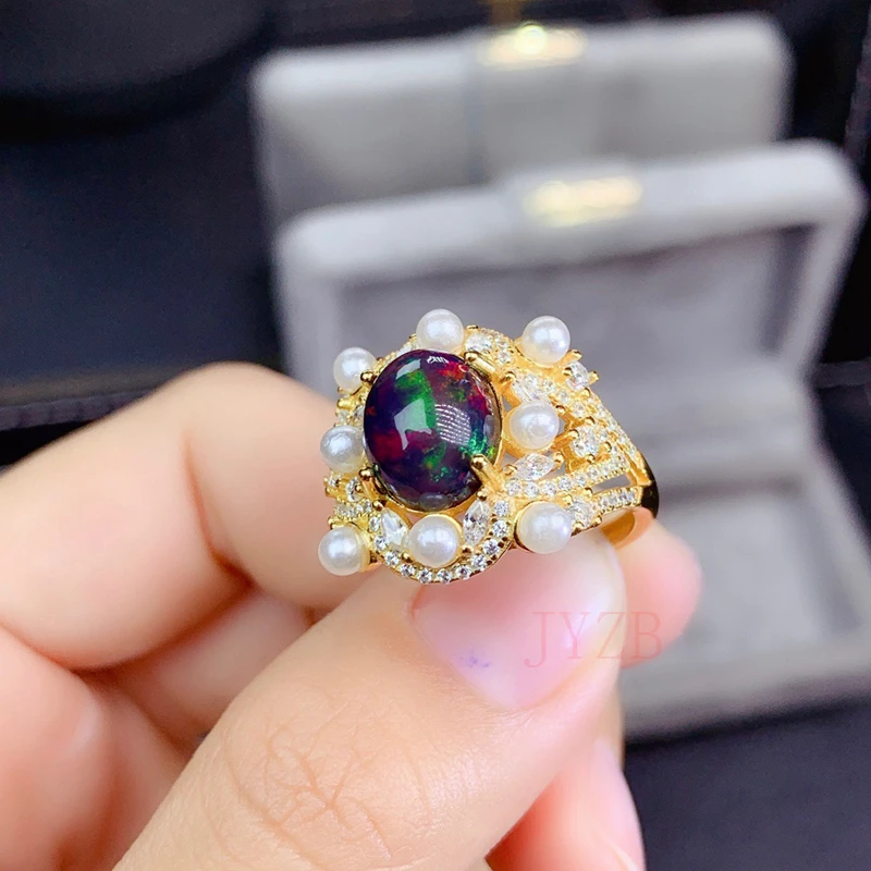 

Original dazzling black Opal ring women ins niche design pearl index finger ring senior sense fashion ring