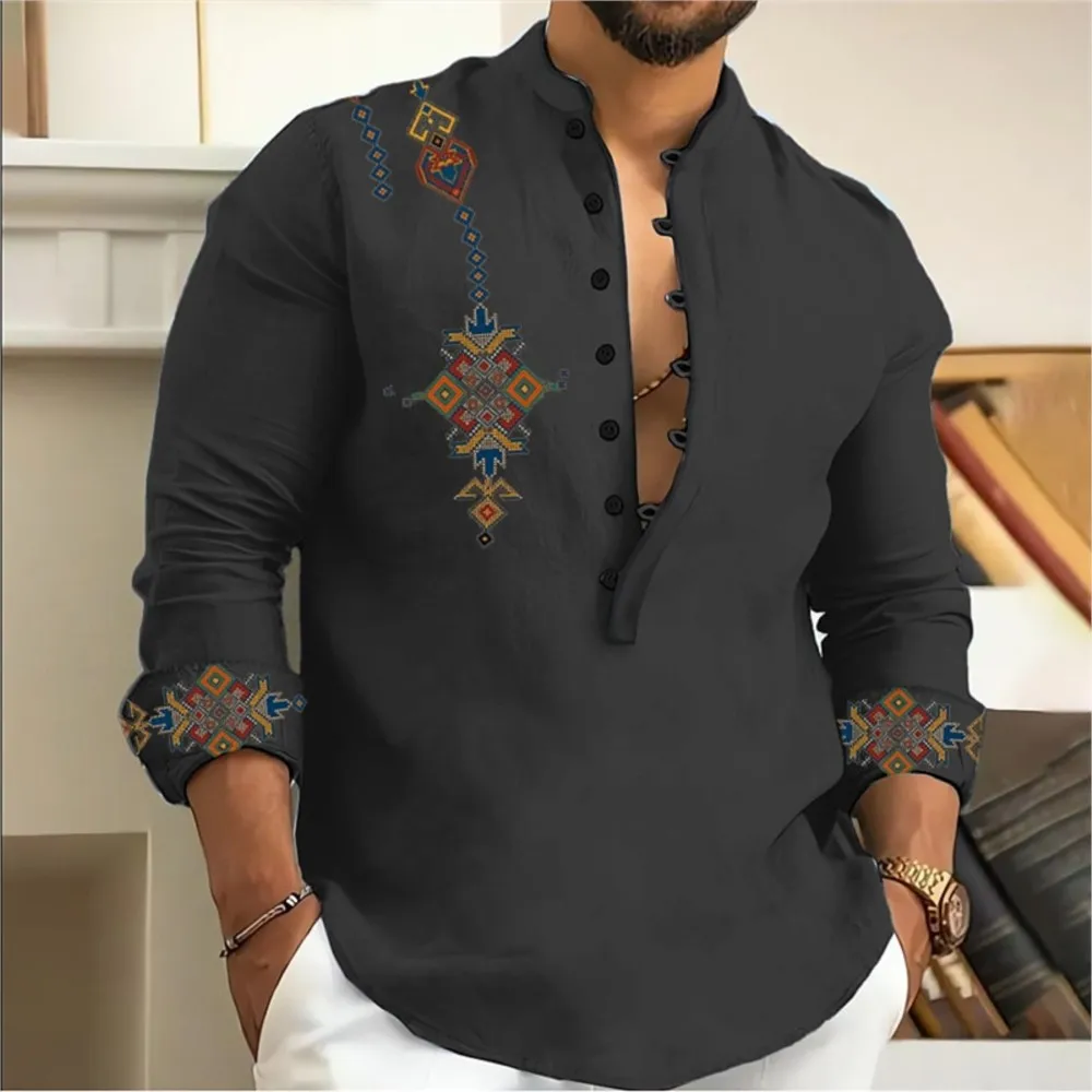 2025 Summer Men's Hawaiian Shirt Long Sleeved Oversized Lapel 3D Retro Muslim Men Clothing Seasonal Clothing Disfraz Hombre