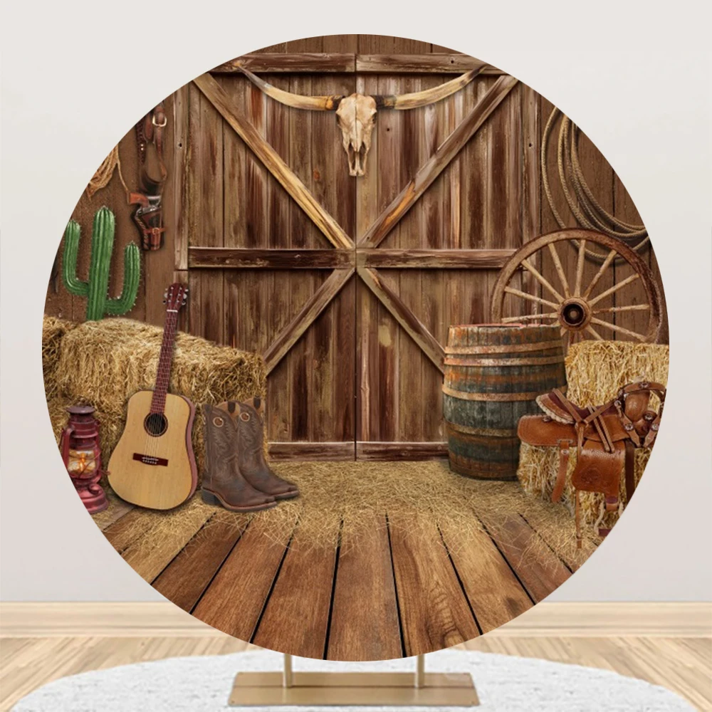 

Western Farm Barn Round Bakcdrop Cover Guitar Haystack Grain Stack Wooden Door Kids Birthday Party Circle Photography Background