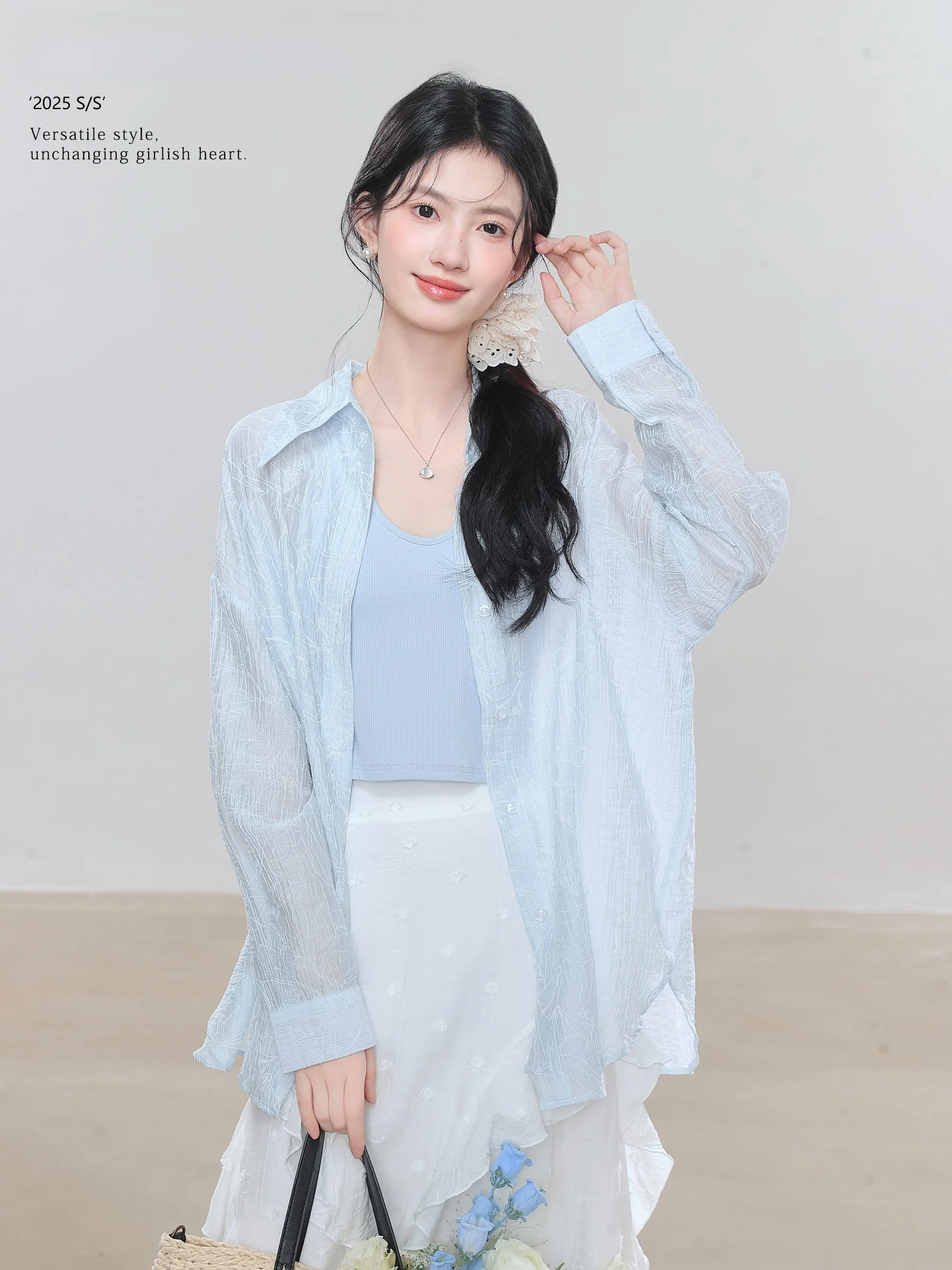 

Синяя рубашка с цветочным принтом и жилет на коротких бретелях, комплект из двух предметов, женский летний красивый наряд, повседневная удобная рубашка свободного кроя