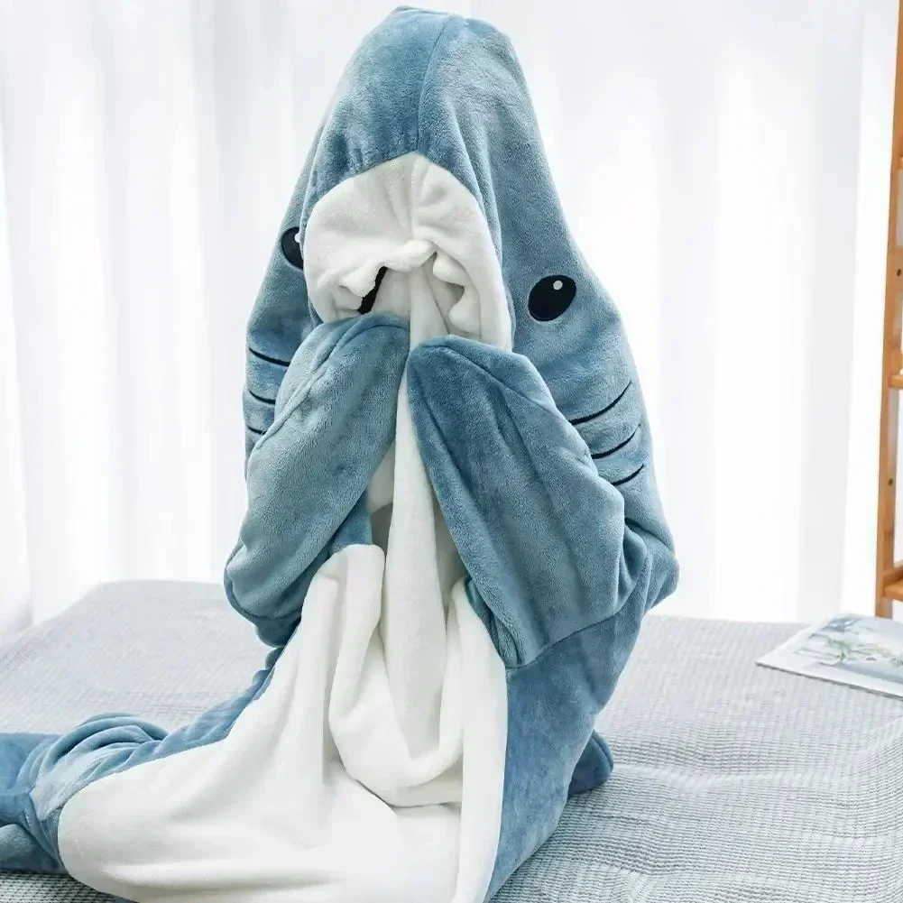 

Cartoon Shark Sleeping Bag Soft Flannel Blanket Pajamas Office Cozy High Quality Fabric Mermaid Shawl Blanket for Children Adult