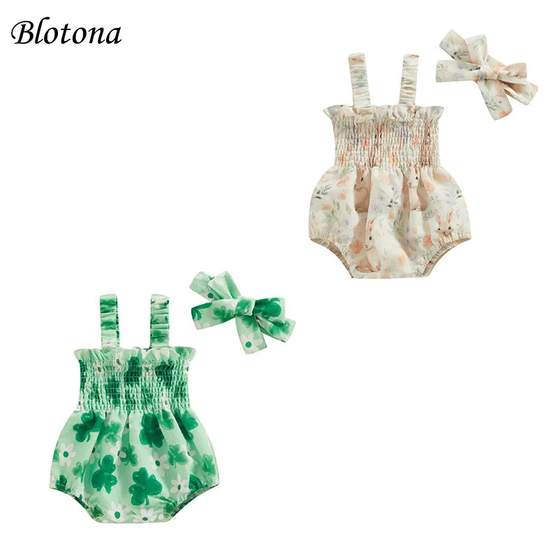 

Blotona Newborn Girl Outfit, Sleeveless Pleated Bunny Shamrock Print Romper with Hairband Summer Clothes 0-18Months