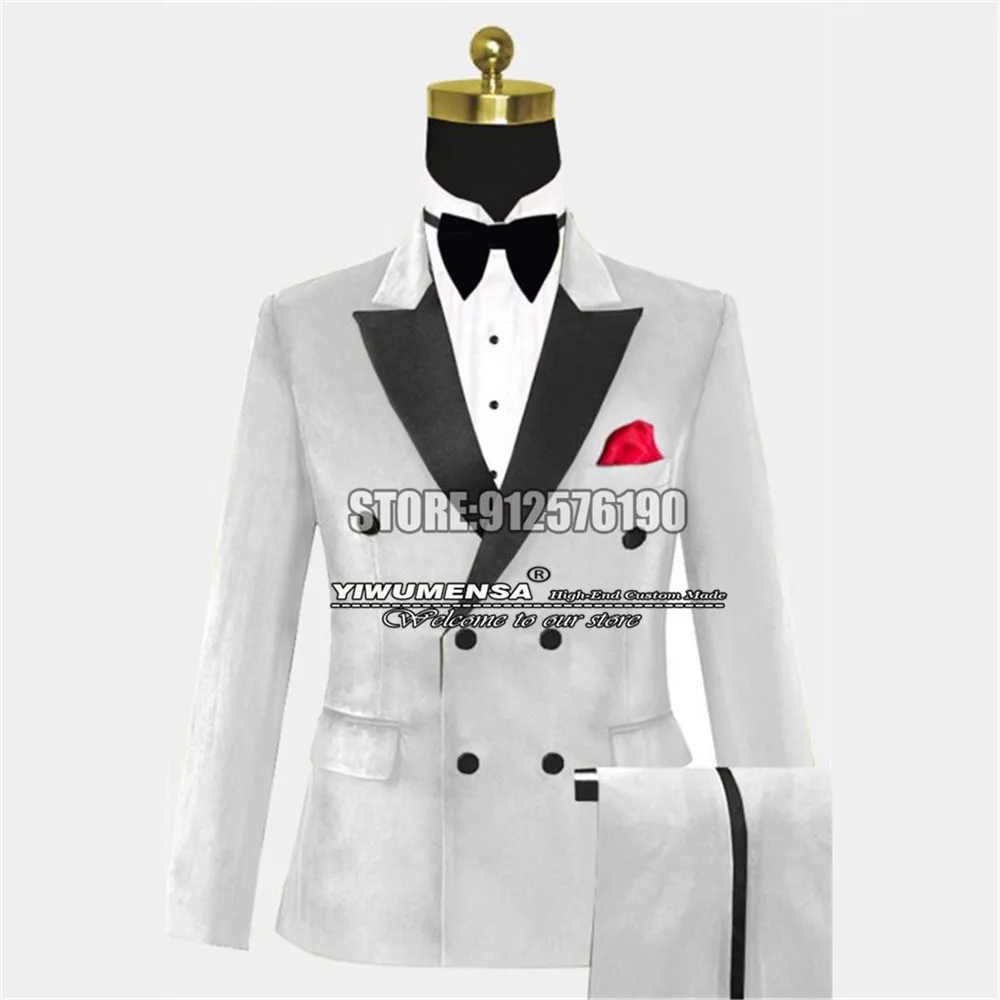 

Tailor-Made White Velvet Men Suits Slim Fit Double Breasted Jacket+Pants 2 Pieces Business Ternos Para Hombre Wedding Tuxedo