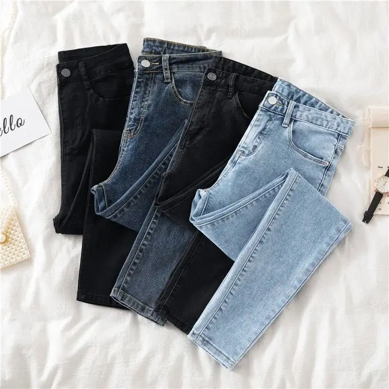 

High Waist Stretch Denim Trousers 38 Women's Spring Autumn New Slim Skinny Jeans Black Casual Female Ankle length Pencil Pants