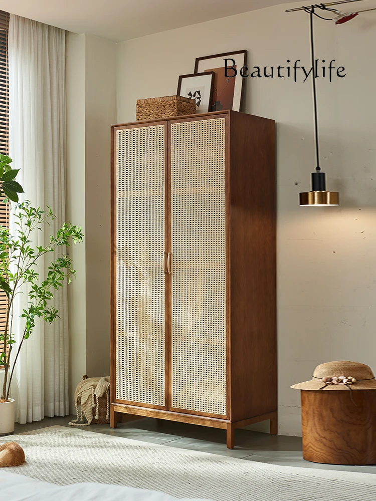 

vV Nordic medieval style solid wood rattan wardrobe modern home bedroom small apartment wardrobe