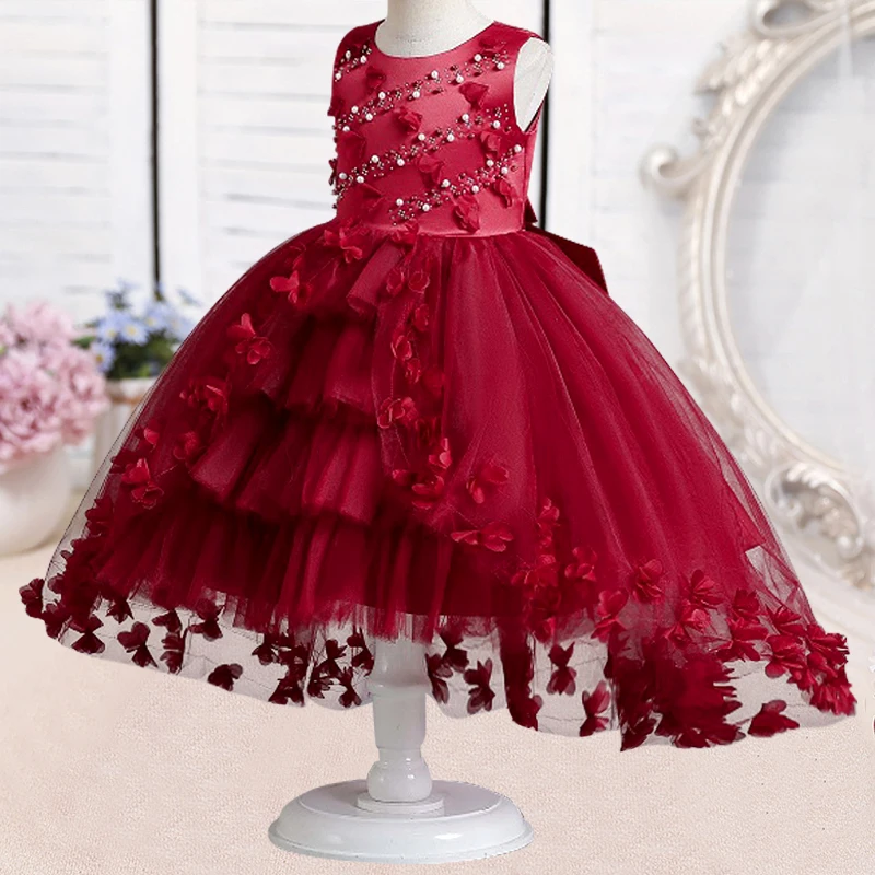 New Flower Girl Pearl Wedding Dress Tuxedo Princess Dress Suitable for Girls\' Elegant Birthday Party Christmas Dress 4-12 Years