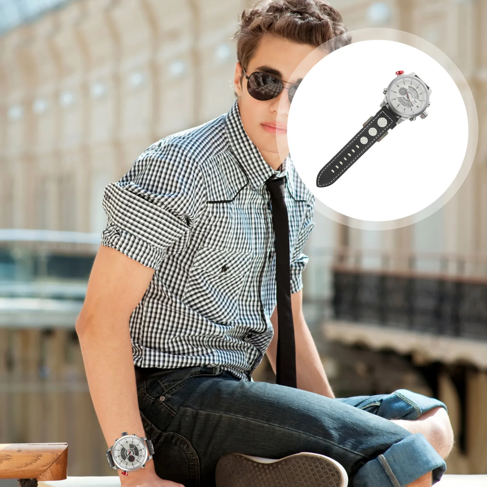 Men's White Double Display Watch Alloy Case PU Strap 2035 Quartz Movement Analog Digital LCD Time Alarm Backlight