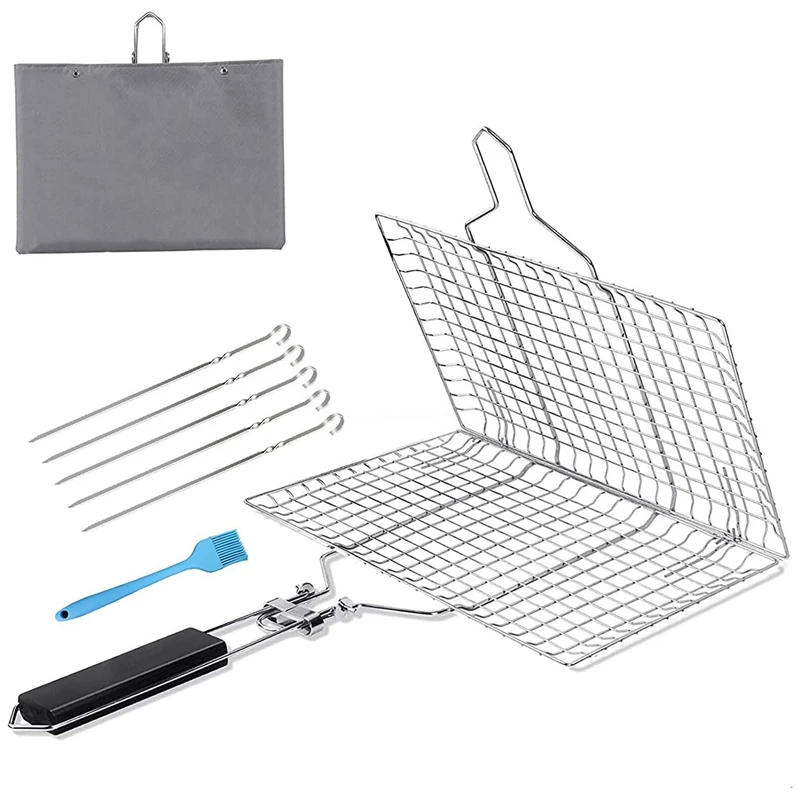 

JFBL Hot Grilling Basket,Portable And Foldable BBQ Grill Mesh Clamp For Fish,Vegetable,Steak,Shrimp With Wooden Handle