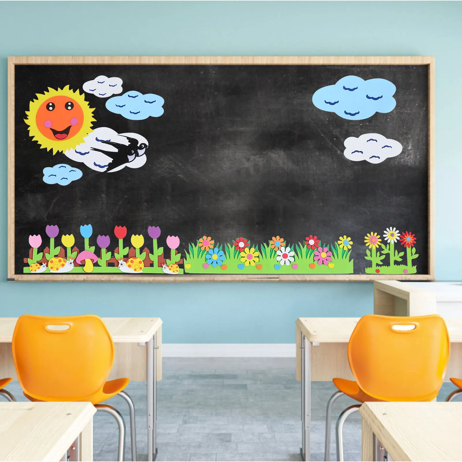 

1 set Bulletin Board Set Sun Flowers Rabbit House Fences Swallows Clouds DIY Classroom Decorative Wall Accessories Cartoon