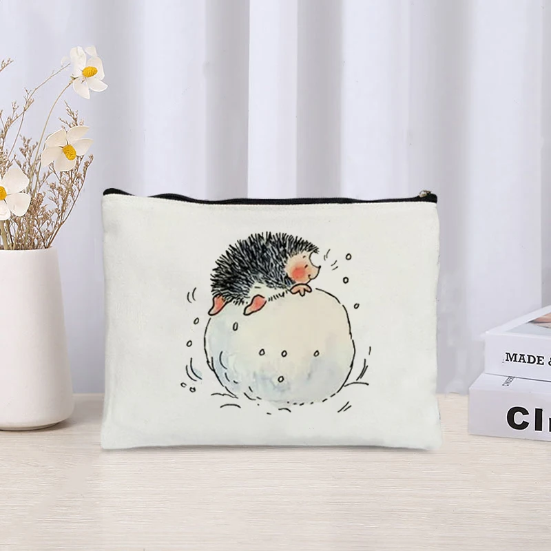 Cartoon Hedgehog Print Zipper Canvas Bag Organizer Skin Care Products Sundries Storage Cosmetic Bags Cute Stationery Pencil Case