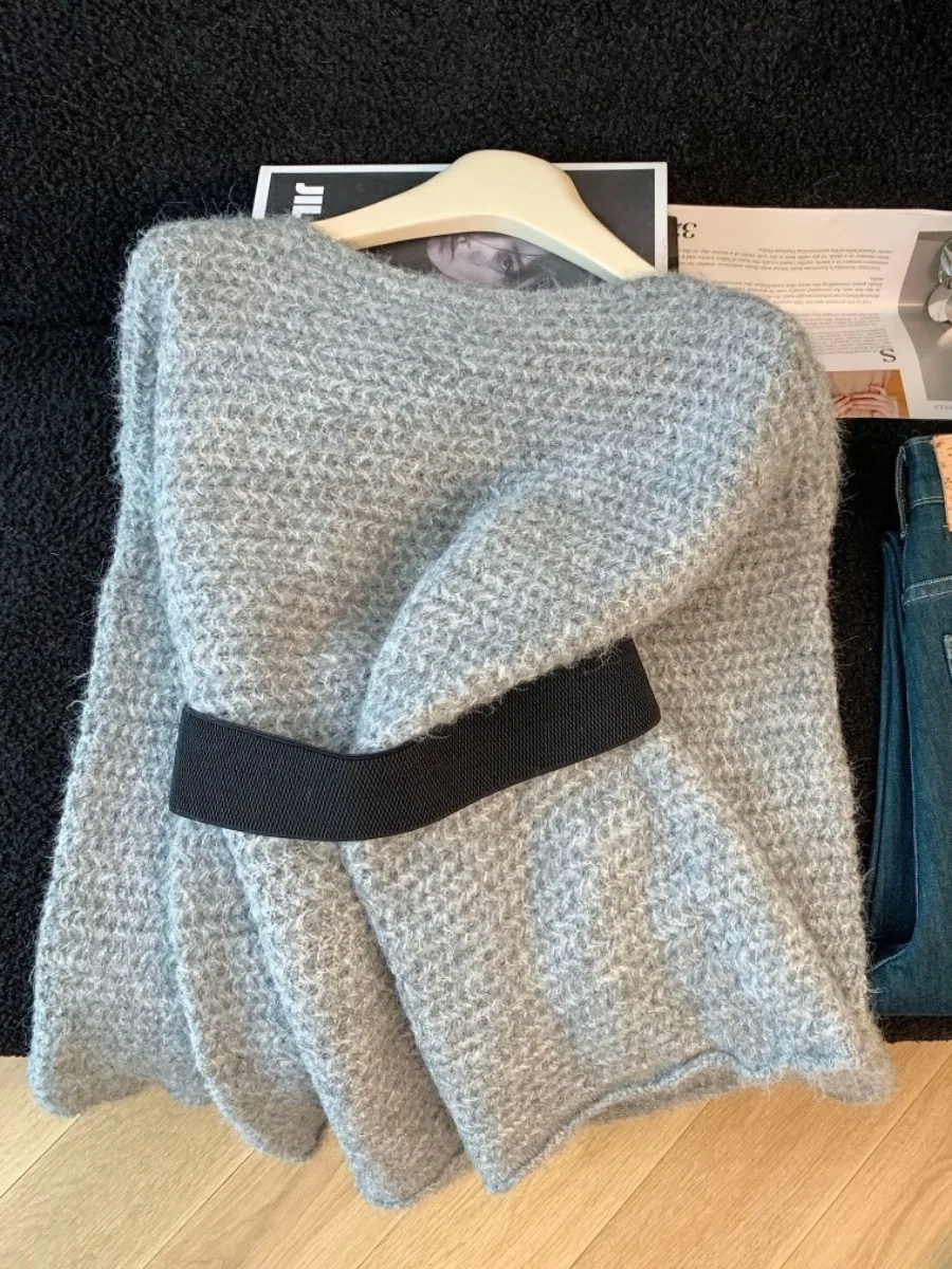 한국 슬레 레이지 매듭 허리 조임 니트 스웨터 여성용 가을 겨울 신상 패션 루즈 슬림핏 탑