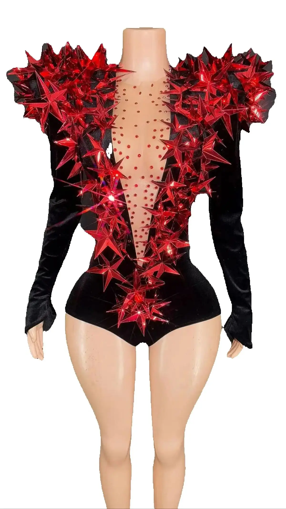 

ZD Red Star Sequin Velvet High-Slit Jumpsuit Sexy Costume for Chinese Disco Training Dancewear