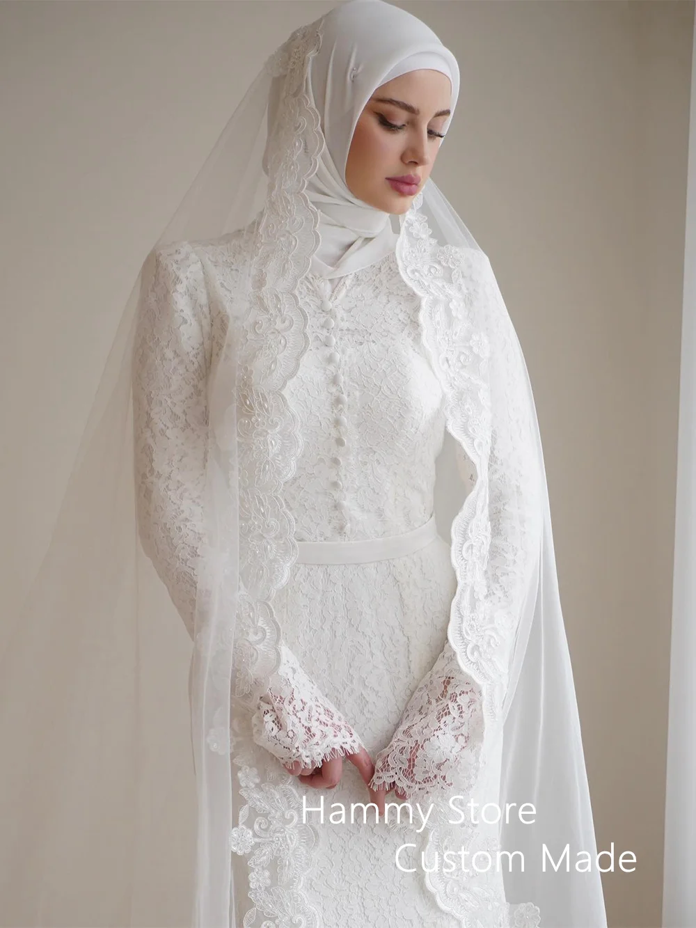 Customized Muslim Wedding Dresses High Neck Long Sleeves Sweep Train Buttons Lady Lace Mermaid Bridal Gown Vestidos De Novia