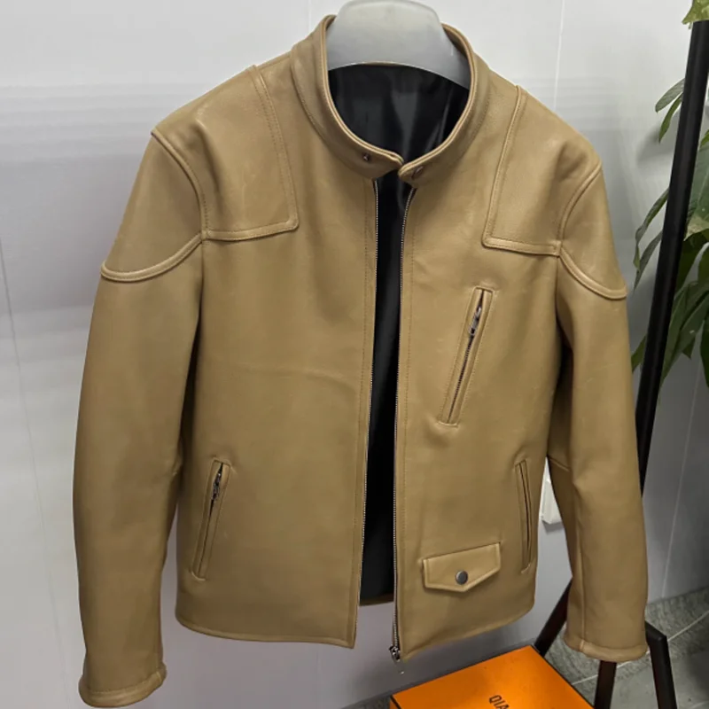 

New Spring Autumn Fall Cloth for Man Genuine Leather Real Natural Cowhide Coat for Male Motor Biker Jacket Khaki Plus Size 5XL