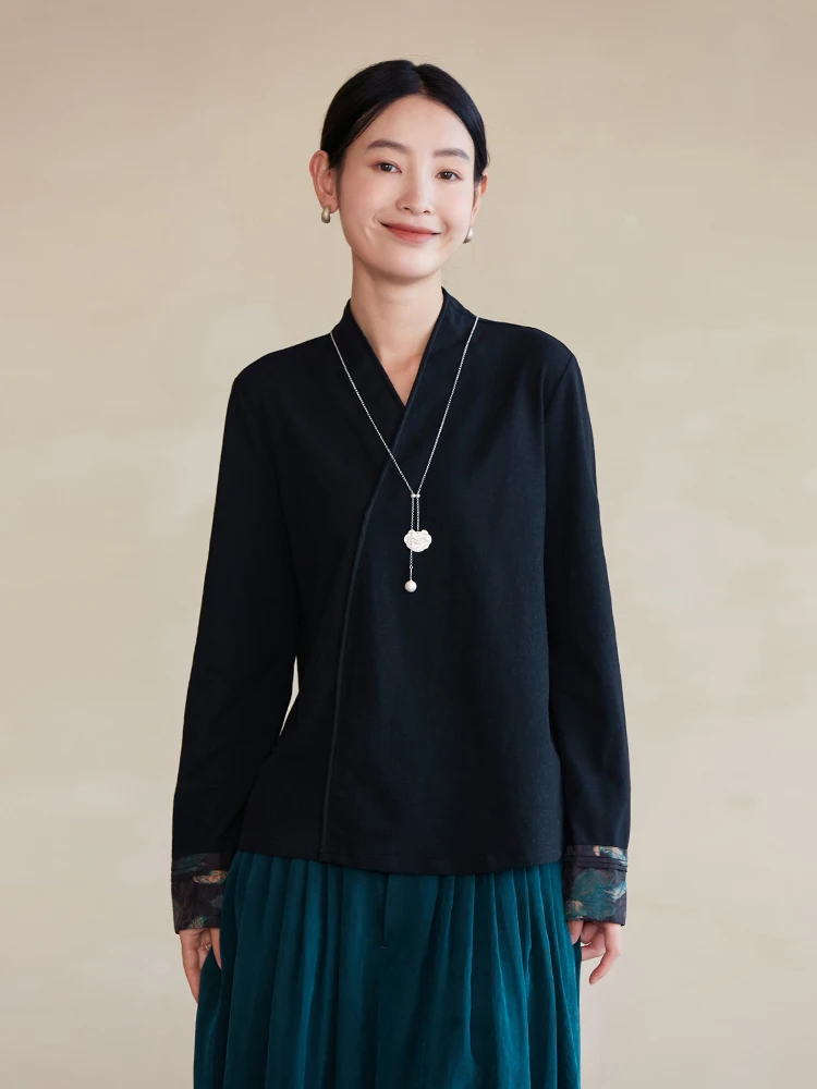 

Женская трикотажная хлопковая футболка Qian Long с воротником, в стиле пэчворк, красная, с узором Yehua Cloud Silk, прямого кроя, в китайском стиле, новинка