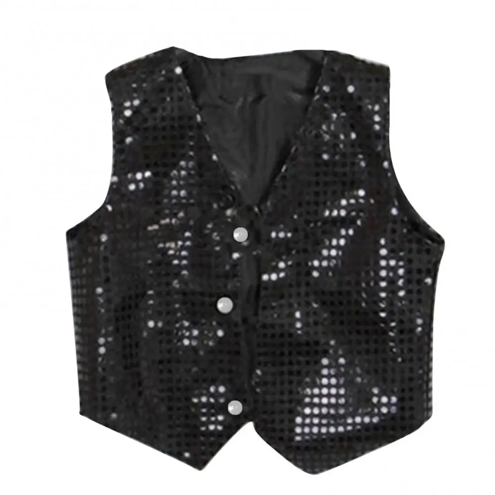 1Pc Formal Boys Girls Sequined Vest V-neck Soft Kids Waistcoat Fiber Fabric Hip-hop Dance Party Street Show Costume for Party