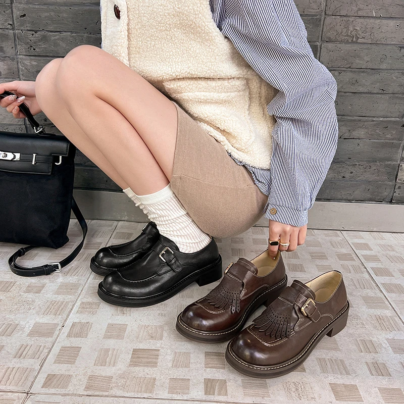 

New College Style Single Shoes Metal Bukle High Heels Spring Shoes Female Loafers Shoes Genuine Leather Lolita Vintage Pumps