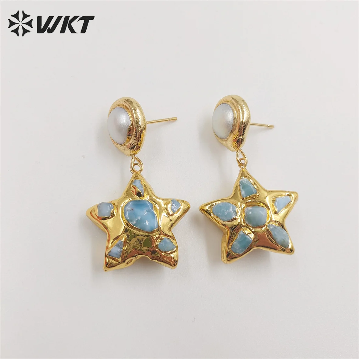 WT-E674  WKT 2022 lovely style Retro blue ocean jasper&pearl star shape Earrings trend jewelry Earrings wedding party lady hot