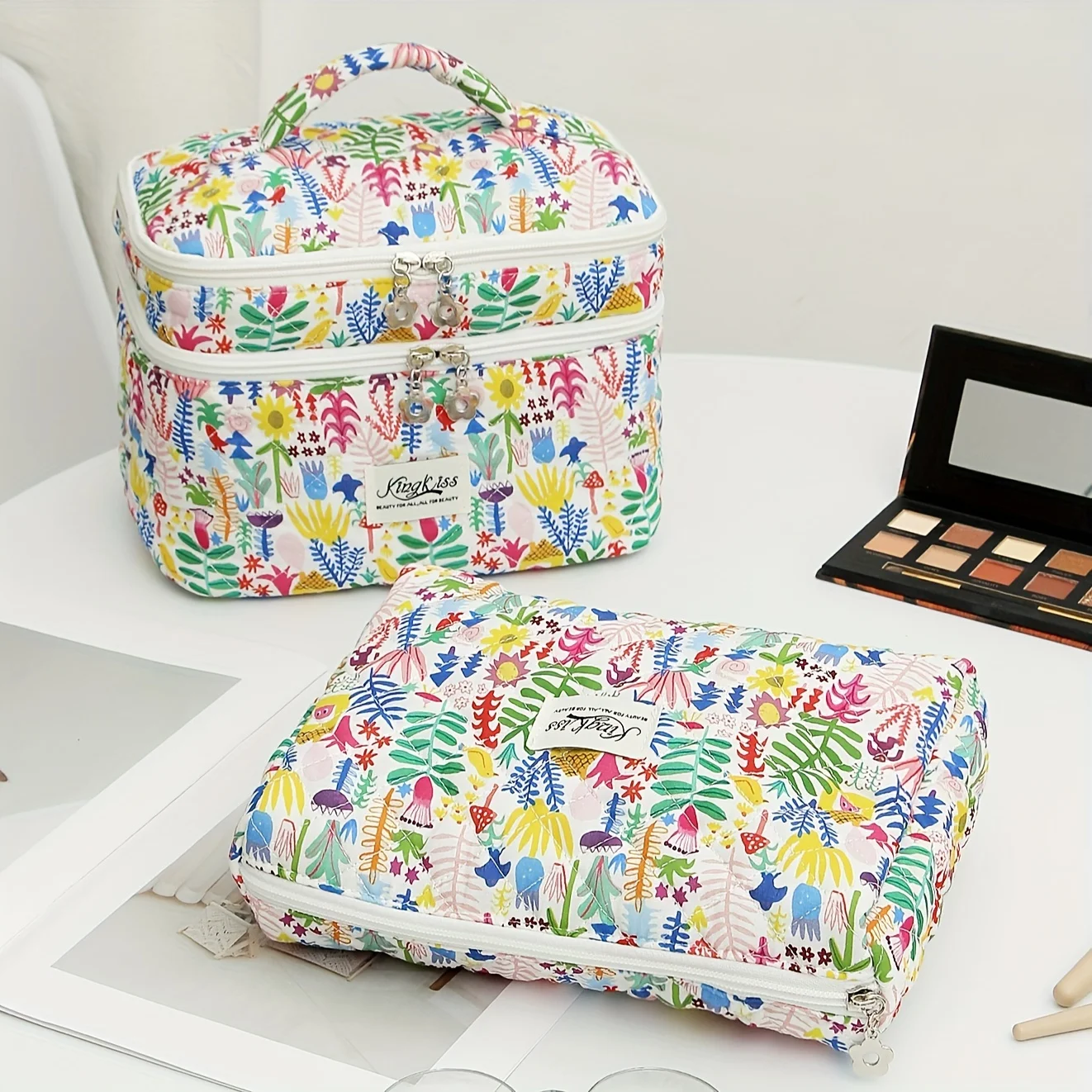 2Pcs Double Layer Travel Makeup Bag Women, Cotton Quilted Makeup Bag Coquette Makeup Bag Large Travel Cosmetic Bag