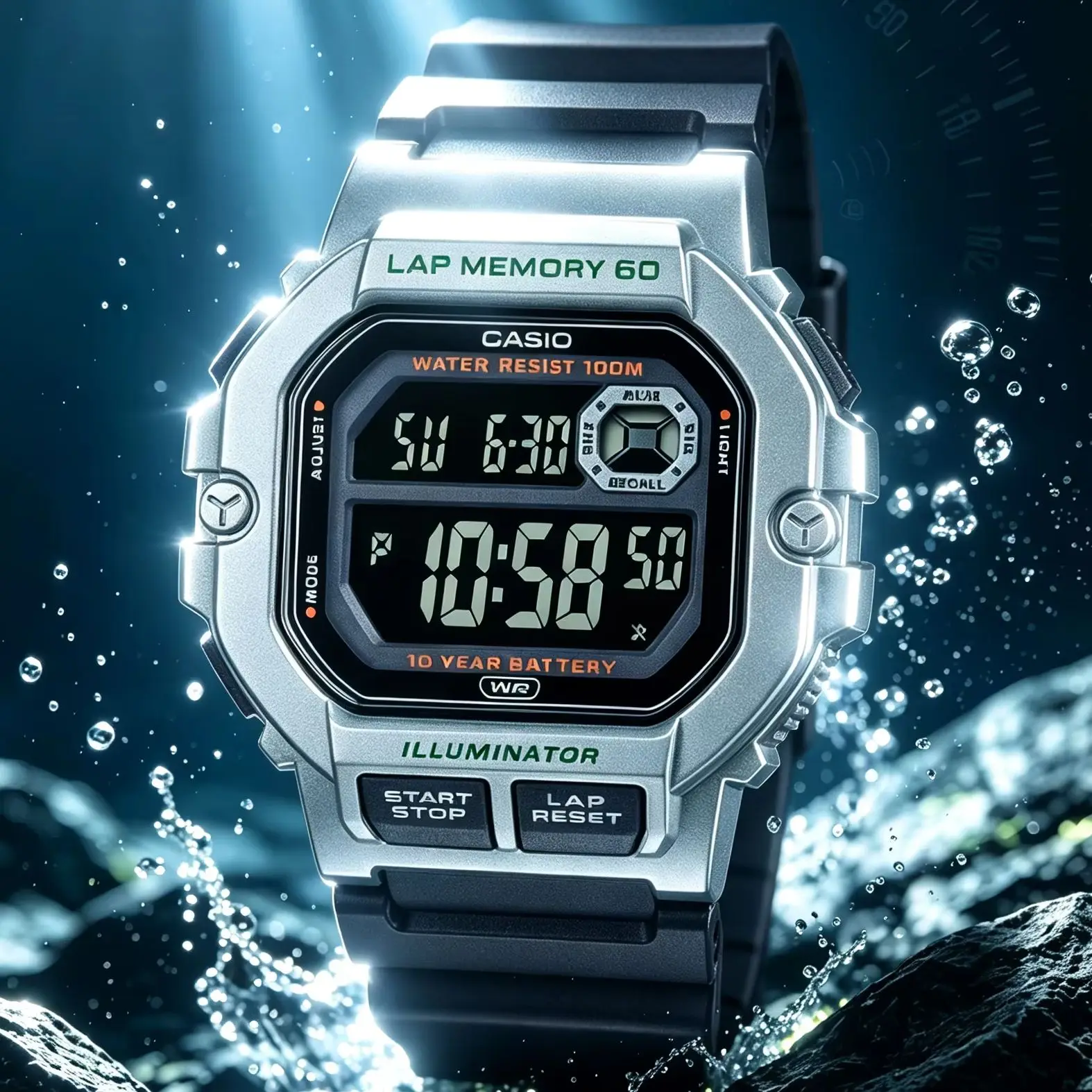 Casio WS‑1400H | Digital Sports Watch | Resin Band | 100M Water Resistant | Stopwatch Lap Memory | LED Light