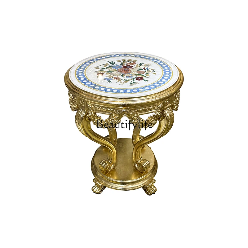 

*French solid wood small coffee table, European shell veneer small round table living room