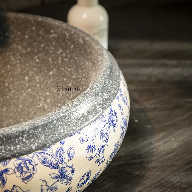 Bathroom single basin outdoor round basin retro blue and white table basin ceramic