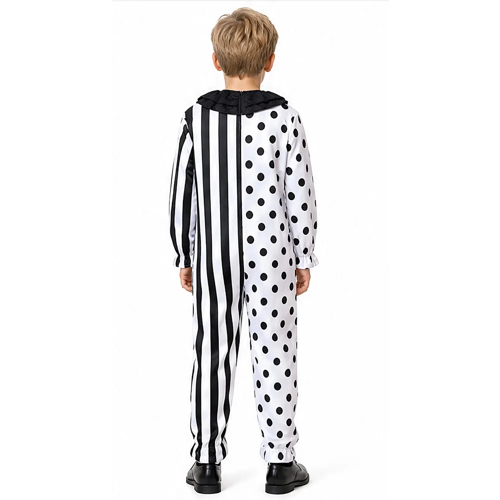 Halloween-Kostüm für Erwachsene: Horror-Clown-Overall, schwarz-weiß, mit Punkten und Streifen, Patchwork-Design, Clown-Kostüm, Cosplay-Outfit für Partys. – Detail 4