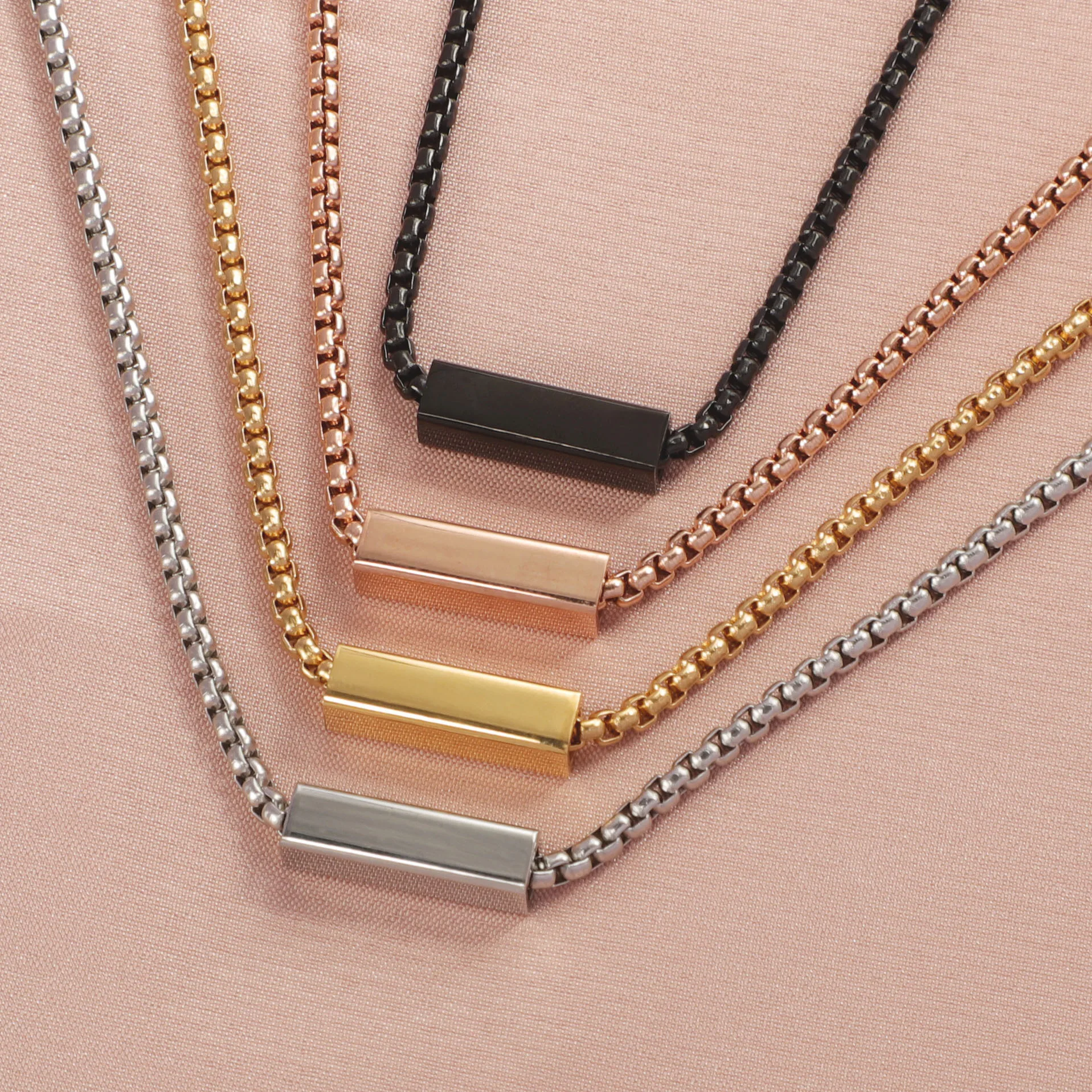 5pcs/lot Mirror Polished Stainless Steel Square Tube Bar Pendant Necklace Box Chain DIY Women Jewelry Gift 60cm