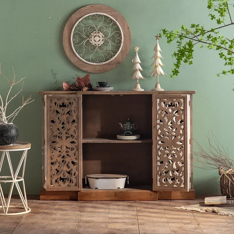 Living Room Storage Rack Bed & Breakfast Locker Solid Wood Retro Hollow Carved Table