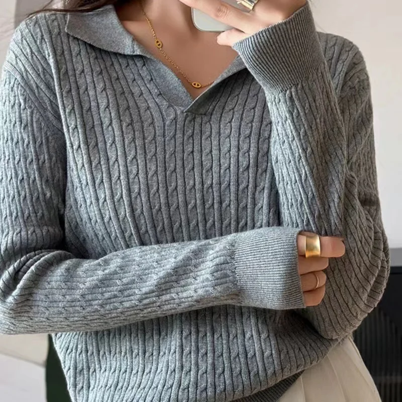Sweaters New Long SleeveKnitted Sweater Women Pullovers Simple Turn Down Collar Knit Sweater Pullover Women Tops Knitwears Q7308