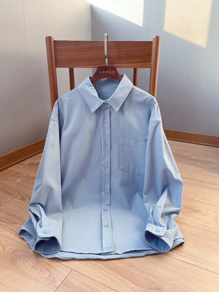 

Высококачественная синяя хлопковая рубашка с длинным рукавом для женщин, повседневная, свободного кроя, модная весенняя, стройнящая, топ-кардиган