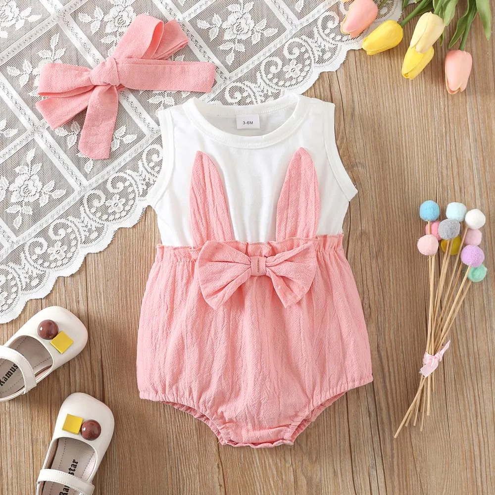 

PatPat Baby Girl Summer Fashion Butterfly Bowknot Rabbit Ear Patchwork Triangular Climbing Jumpsuit and Headband Set