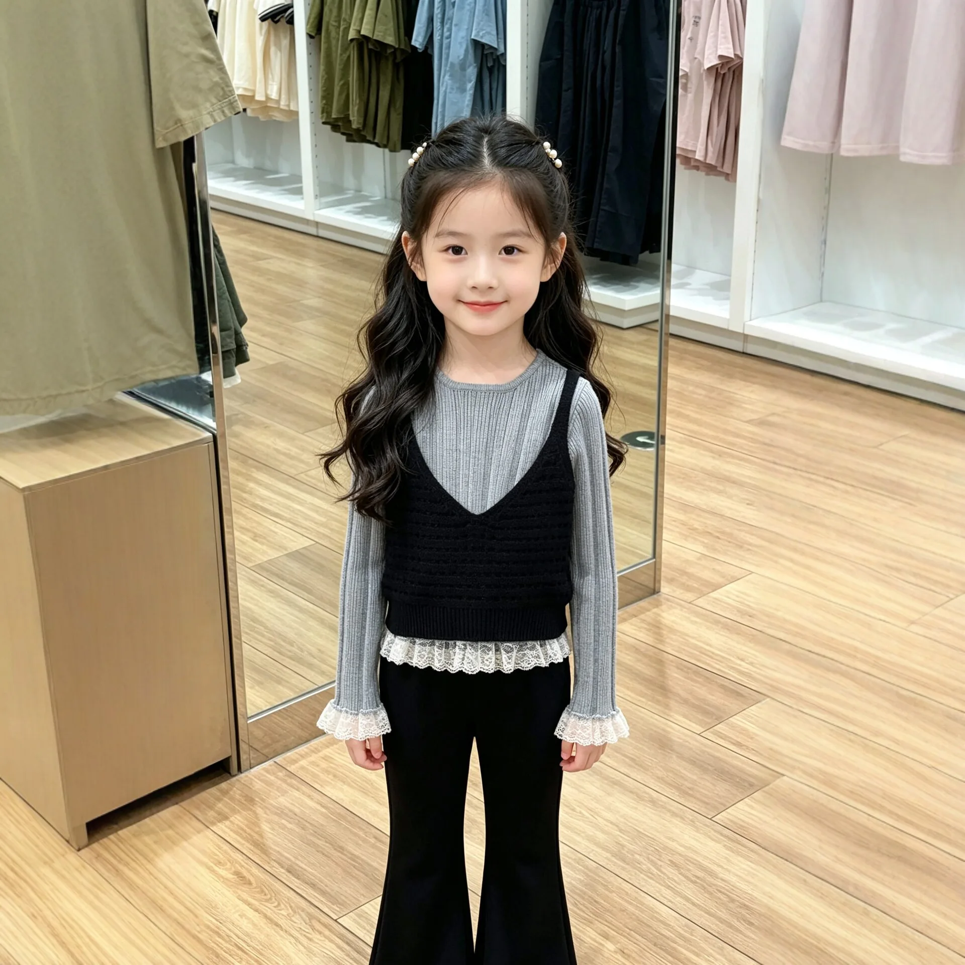 2-15Years Spring Autumn Baby Girls Knit Sweater Children's trumpet-sleeve lace-trimmed base shirt Tops+Openwork knitted Vest