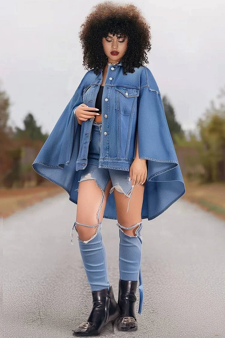 Plus Size Casual Denim Jacket Womens Fall Winter Light Blue Shirt Collar Cape Sleeve Split Denim Jacket